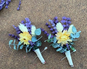 Lavender boutonniere, Eucalyptus boutonniere, Dried flower wedding boutonniere,  Rustic groom boutonniere, Groomsman dried boutonniere