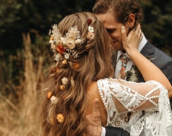 Pezzo di capelli di fiori secchi, pettine per capelli arancioni, pezzo di capelli da sposa, copricapo Boho, pezzo di capelli rustico, pezzo di capelli da sposa, pezzo di capelli Boho