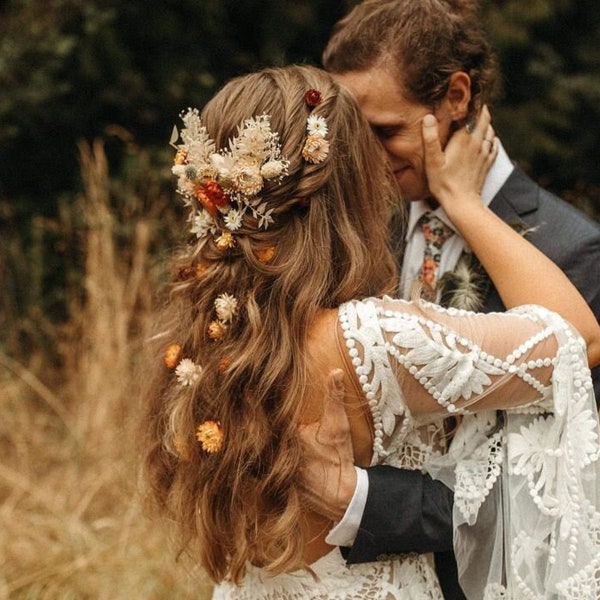 Morceau de fleur séchée, peigne orange, morceau de cheveux de mariée, casque bohème, morceau de cheveux rustique, morceau de cheveux de mariage, morceau de cheveux de Boho