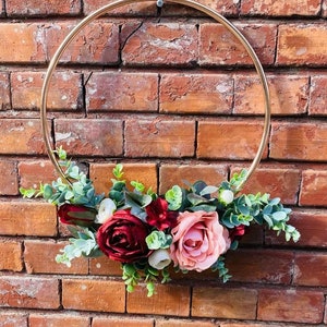 Bridesmaids hoop bouquet, Burgundy hoop bouquet, Eucalyptus Hoop, Dusty pink roses bouquet image 2