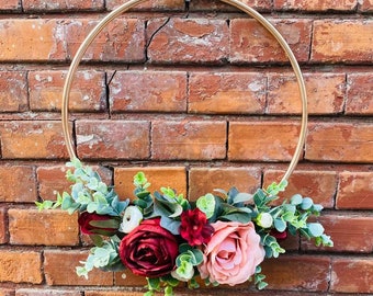 Bridesmaids hoop bouquet, Burgundy hoop bouquet, Eucalyptus Hoop, Dusty pink roses bouquet