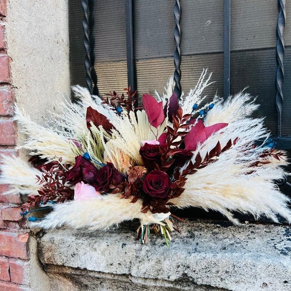 Navy burgundy bouquet, Preserved roses bouquet,Neutral bouquet, Dried pampas wedding, Boho wedding bouquet, Dried banksia, Fall bouquet