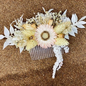 Aplique de cabelo com flores secas, Pente de cabelo seco para bebê, Pente de flores secas, Pente de flores brancas secas, Aplique de cabelo rústico, Aplique de cabelo Boho