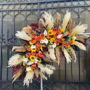 Rust boho flower arch, Pampas arch,  Wedding corner swag, Orange wedding corner swag Sunflower floral arch, Calla lily wedding arrangement