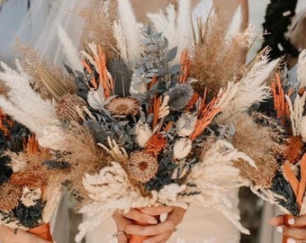 Dusty blue rust bouquet, Neutral bouquet, Dried pampas wedding, Boho wedding bouquet, Dried rust bridal bouquet
