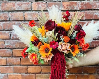 Banksia Blumenstrauß, Orange Sonnenblumenstrauß, Trockenblumenstrauß, Burgunder Pfingstrosenstrauß, Herbsthochzeitsblumen, Seidenhochzeitsstrauß