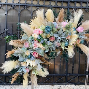 Dusty blue boho flower arch, Pampas arch, Blush pink wedding corner swag, Wedding corner swag, Pink floral arch, Faux wedding arrangement