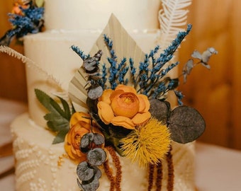 Dried flower cake decor, Orange wedding cake decorations, Dried flowers cake arrangement, Boho small bouquet, Rustic dried flower cake decor
