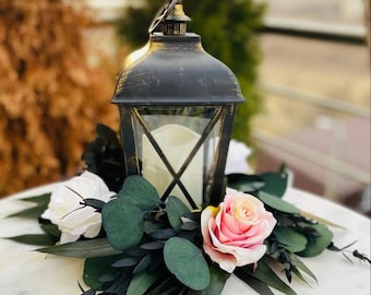 Wedding lantern centerpiece, Wedding lantern flowers, Lantern centerpiece, Wedding table decoration, White roses wedding centerpiece