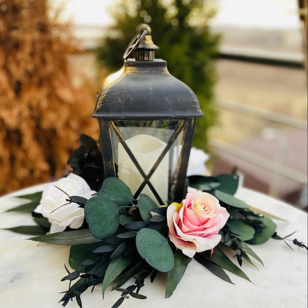 Wedding lantern centerpiece, Wedding lantern flowers, Lantern centerpiece, Wedding table decoration, White roses wedding centerpiece