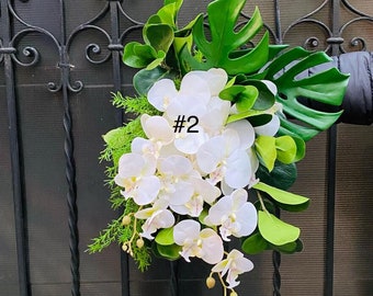 Tropical wedding bouquet, White orchid bouquet, Beach wedding bouquet, Monstera orchid bouquet, Silk orchid bouquet