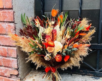 Rust orange bouquet,  Terracotta bouquet, Neutral pampas grass bouquet, Dried rust bridal bouquet, Fall boho wedding bouquet with pampas