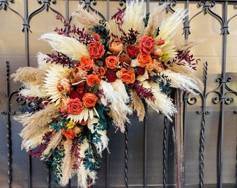 Rust boho flower arch, Pampas arch,  Wedding corner swag, Orange wedding corner swag, Brunt orange floral arch, Faux wedding arrangement