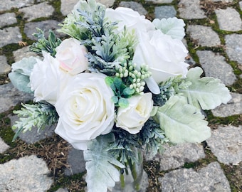 Wedding white bouquets, White roses bridesmaids bouquet, Greenery bouquet, Faux bouquet