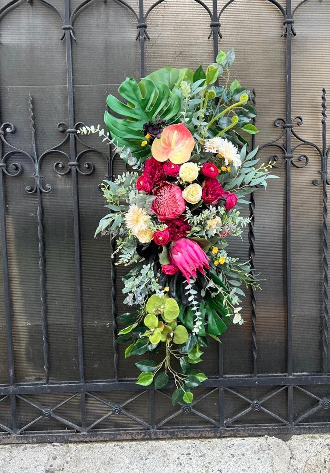 Tropical Boho Flower Arch, Monstera Leaves Arch, Pink Tropical Swag