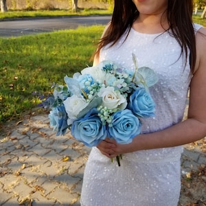 Blue wedding bouquet,  Light blue bridal bouquet, Cascade bouquet, White Wedding bouquet, Roses wedding flowers, Silk Bridal bouquet