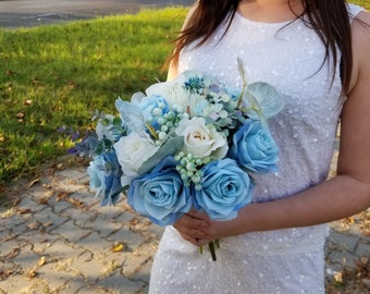 Blue wedding bouquet,  Light blue bridal bouquet, Cascade bouquet, White Wedding bouquet, Roses wedding flowers, Silk Bridal bouquet