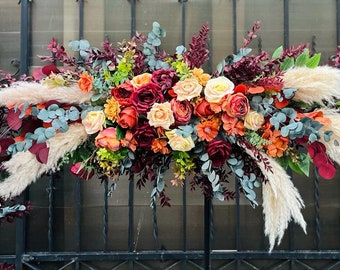 Rust boho flower arch, Pampas arch,  Wedding corner swag, Rust burgundy cinnamon wedding, Brunt orange floral arch, Faux wedding arrangement