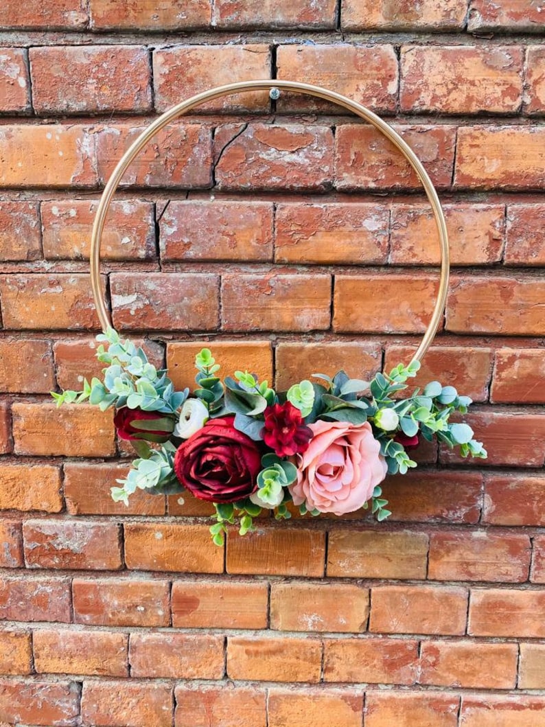 Bridesmaids hoop bouquet, Burgundy hoop bouquet, Eucalyptus Hoop, Dusty pink roses bouquet image 1