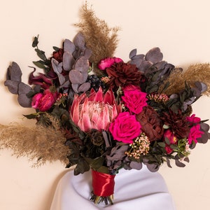 Protea bouquet, Dried flower bouquet, Burgundy peonies bouquet, Jewel tones wedding bouquet, Fall wedding flowers, Silk wedding bouquet image 7