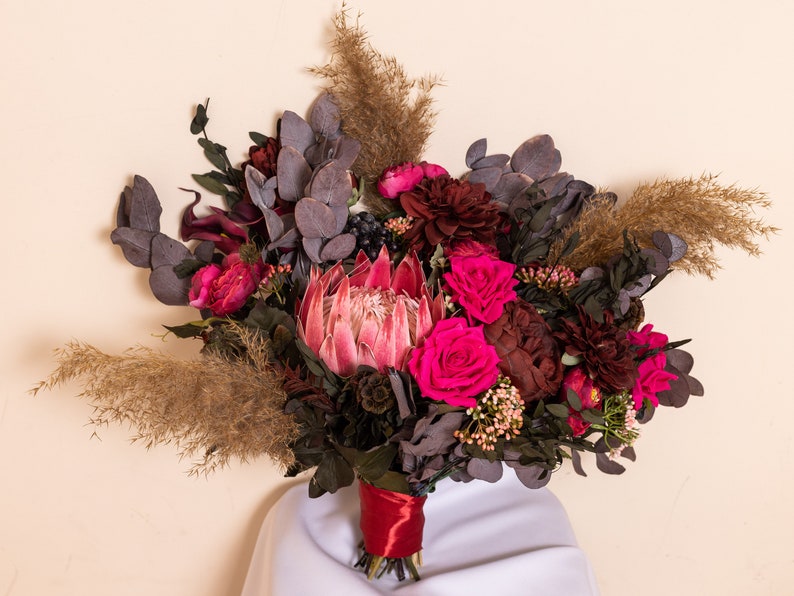 Protea bouquet, Dried flower bouquet, Burgundy peonies bouquet, Jewel tones wedding bouquet, Fall wedding flowers, Silk wedding bouquet image 7