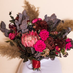 Protea bouquet, Dried flower bouquet, Burgundy peonies bouquet, Jewel tones wedding bouquet, Fall wedding flowers, Silk wedding bouquet image 2