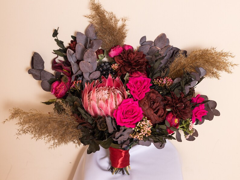 Protea bouquet, Dried flower bouquet, Burgundy peonies bouquet, Jewel tones wedding bouquet, Fall wedding flowers, Silk wedding bouquet image 2