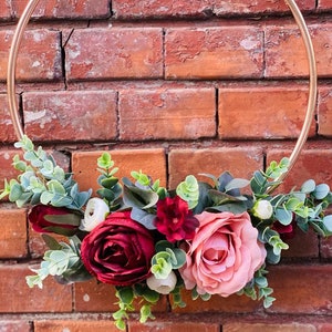 Bridesmaids hoop bouquet, Burgundy hoop bouquet, Eucalyptus Hoop, Dusty pink roses bouquet image 5