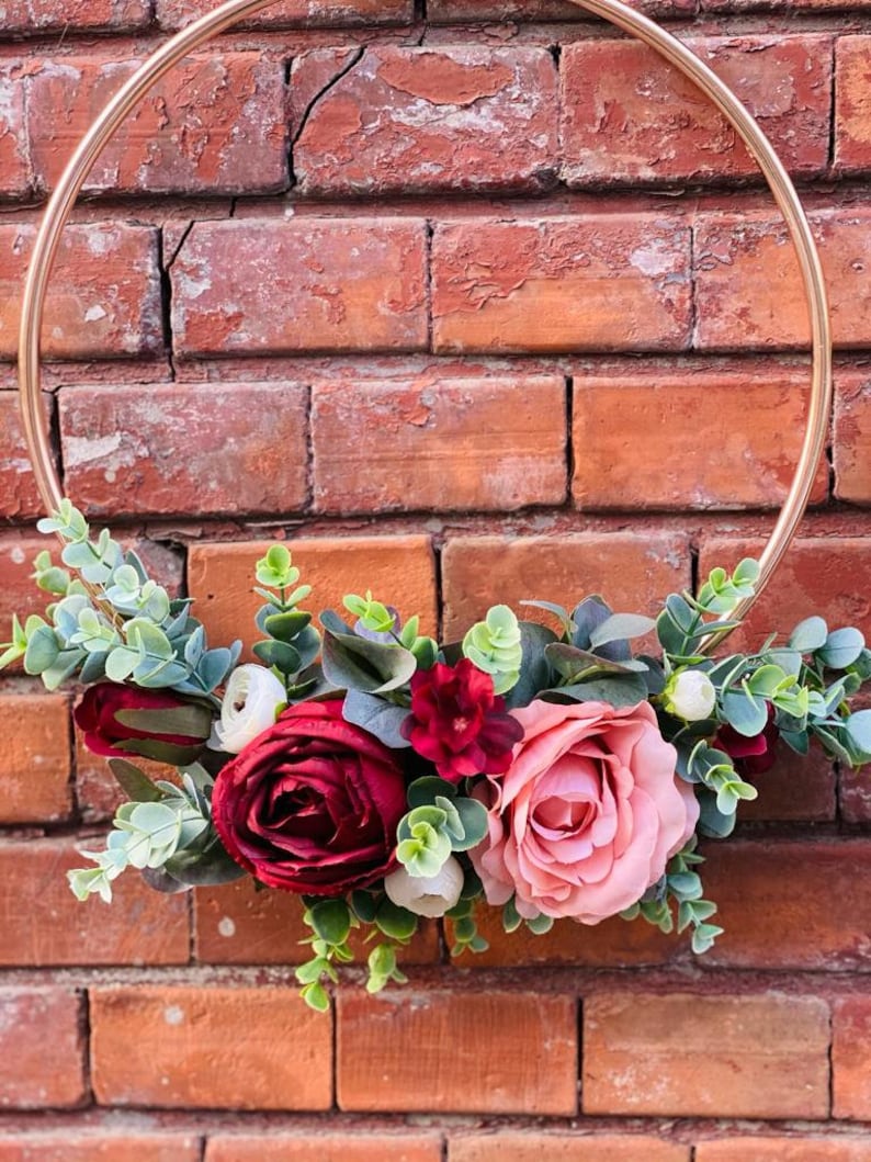 Bridesmaids hoop bouquet, Burgundy hoop bouquet, Eucalyptus Hoop, Dusty pink roses bouquet image 5