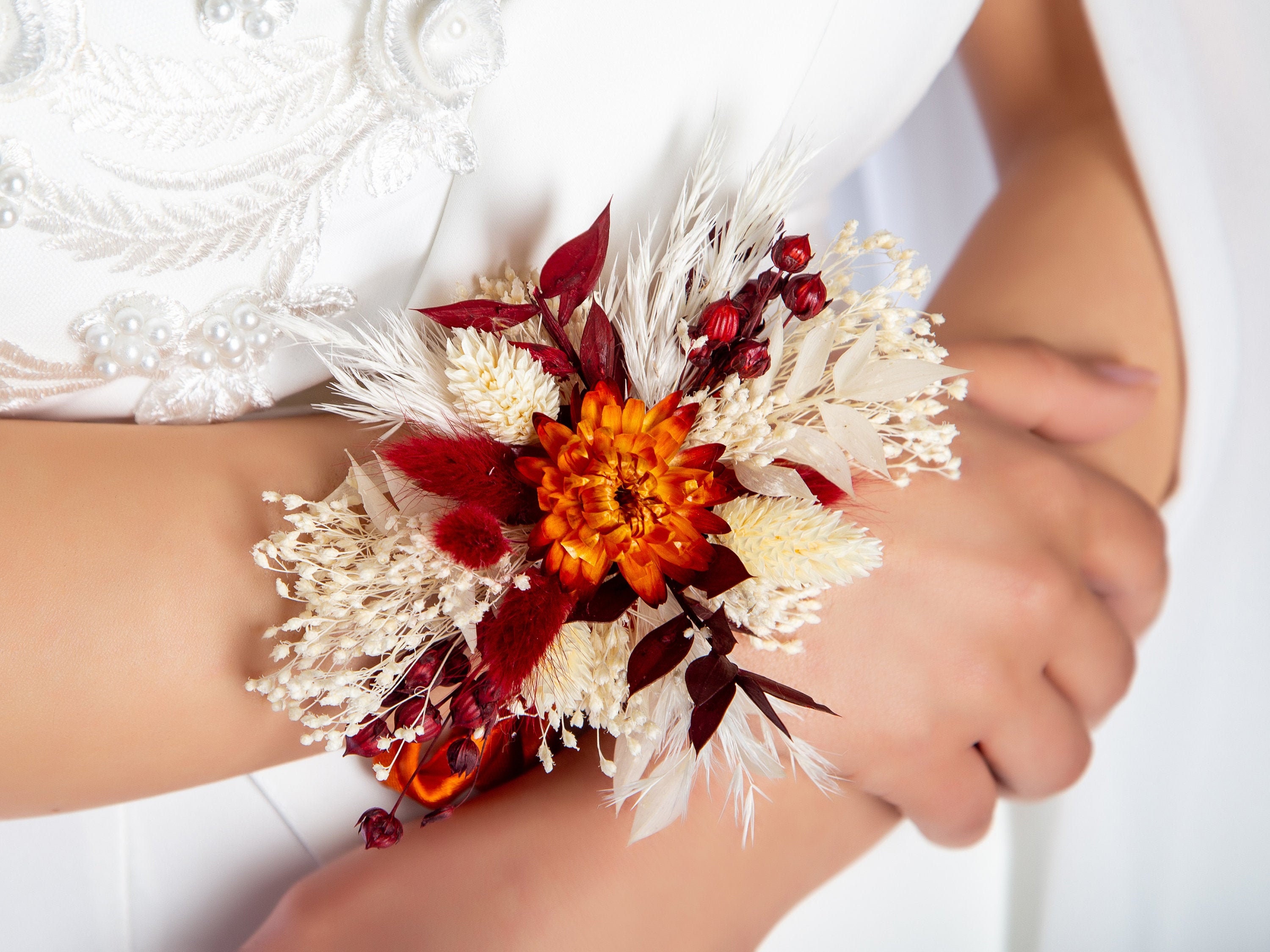 Flower Wrist Corsages Orange Bracelets for Bridesmaid Wedding