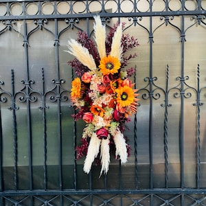 Rust boho flower arch, Pampas arch,  Sunflower wedding corner swag, Orange wedding corner swag, Brunt orange floral arch, Orange arrangement