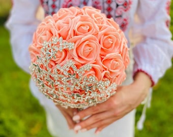 Ramo de broche, ramo de novia rosa polvo, ramo de novia de joyería, ramo de boda rosa, bouquet de keepsake Ramo