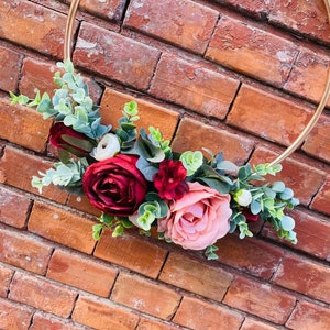 Bridesmaids hoop bouquet, Burgundy hoop bouquet, Eucalyptus Hoop, Dusty pink roses bouquet image 4