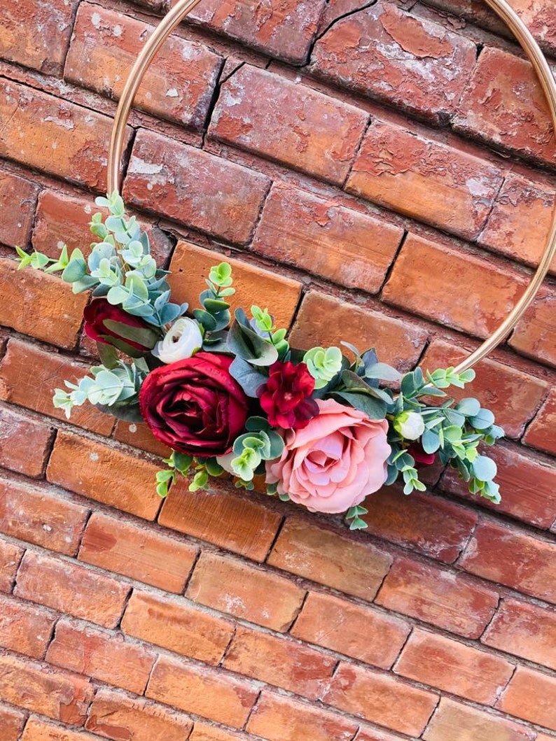 Bridesmaids hoop bouquet, Burgundy hoop bouquet, Eucalyptus Hoop, Dusty pink roses bouquet image 4