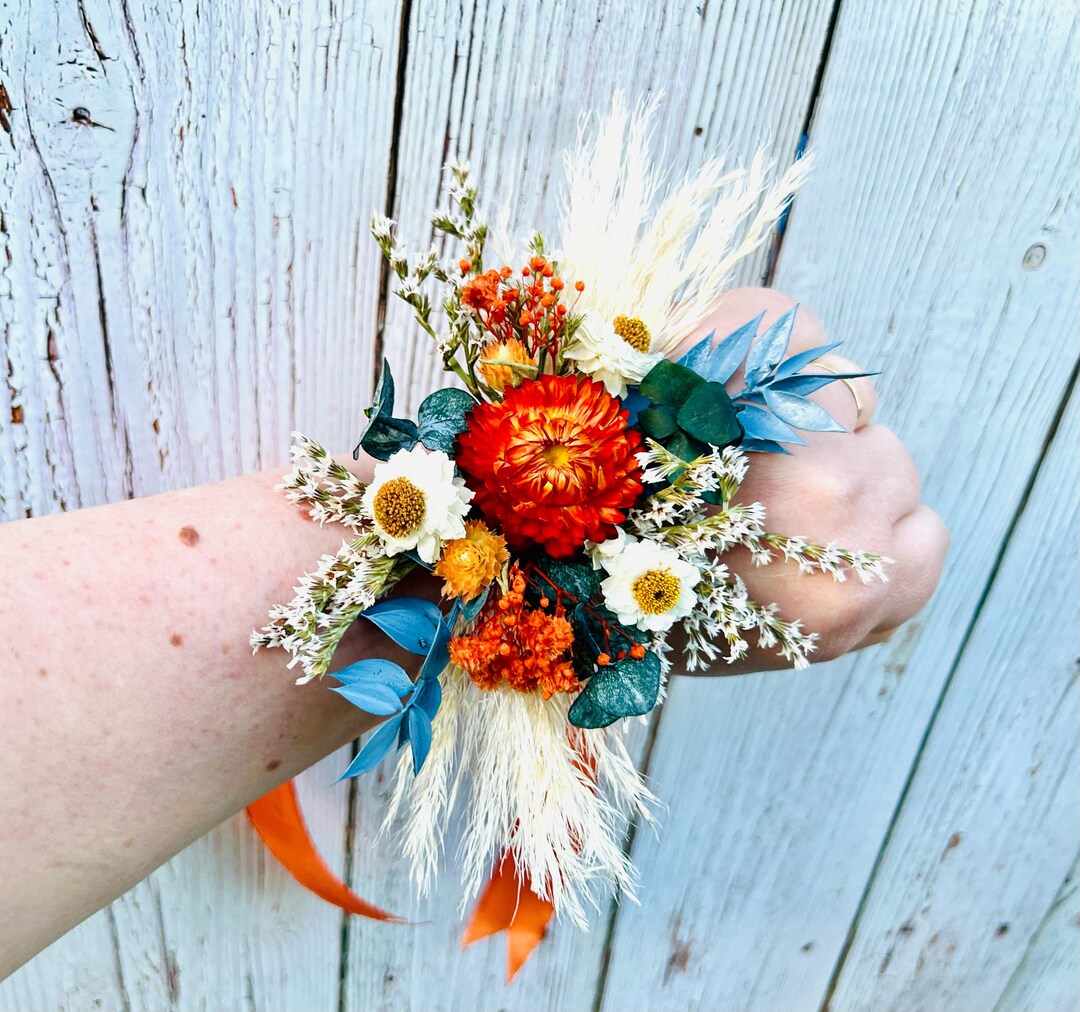 Dusty Blue Wrist Corsage, Rust Wrist Corsage, Pampas Grass Wrist ...