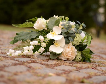 Wedding bouquet, Ivory rose Bridal bouquet, Cascade bouquet, White Wedding bouquet, Orchid Wedding flowers, Silk Bridal bouquet