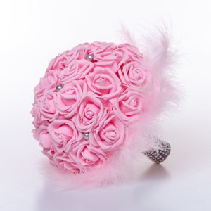 Feather wedding bouquet, Pink feathers bridal bouquet, Dusty rose bridal bouquet, Dusty roses wedding flowers
