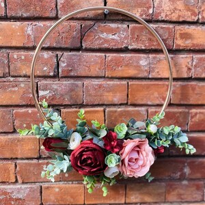 Bridesmaids hoop bouquet, Burgundy hoop bouquet, Eucalyptus Hoop, Dusty pink roses bouquet image 3