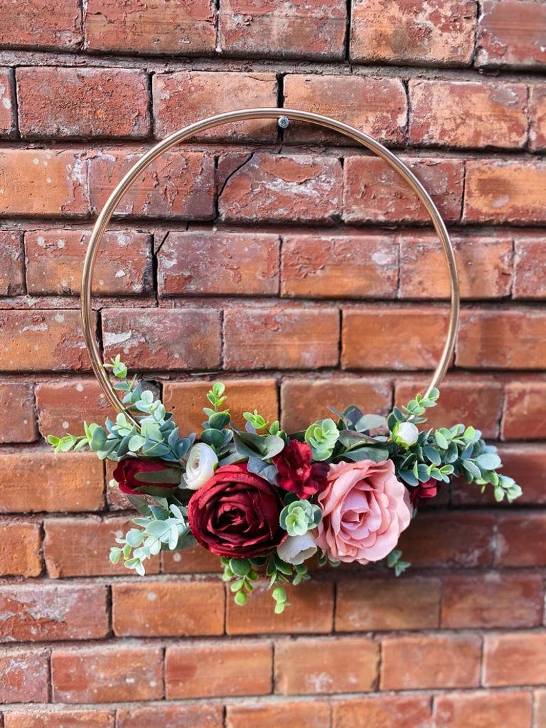 Bridesmaids hoop bouquet, Burgundy hoop bouquet, Eucalyptus Hoop, Dusty pink roses bouquet image 3