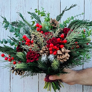 Ramo de Navidad rojo, ramo de boda de rosas de invierno, ramo de Navidad seco, ramo de novia de rosas de invierno, ramo de invierno de Navidad imagen 6