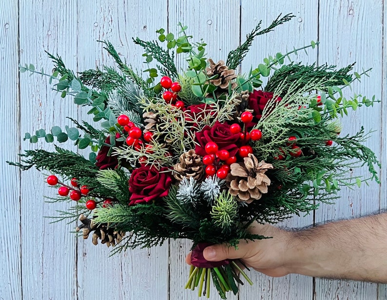 Ramo de Navidad rojo, ramo de boda de rosas de invierno, ramo de Navidad seco, ramo de novia de rosas de invierno, ramo de invierno de Navidad imagen 6