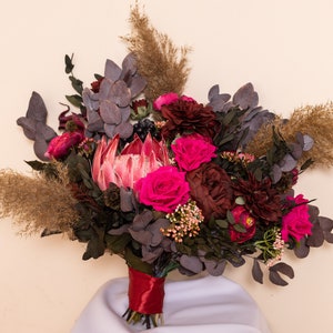 Protea bouquet, Dried flower bouquet, Burgundy peonies bouquet, Jewel tones wedding bouquet, Fall wedding flowers, Silk wedding bouquet image 6