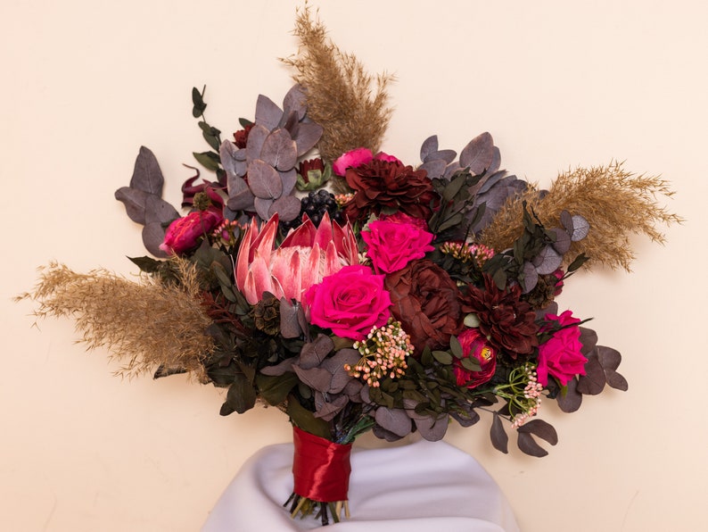 Protea bouquet, Dried flower bouquet, Burgundy peonies bouquet, Jewel tones wedding bouquet, Fall wedding flowers, Silk wedding bouquet image 6