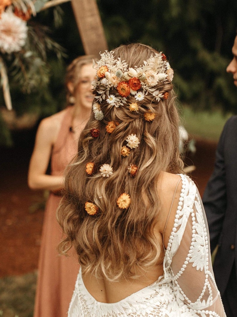 Dried flower hair piece, Orange hair comb, Bridal hair piece, Boho headpiece, Rustic hair piece, Wedding hair piece, Boho hair piece image 4
