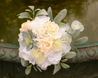 Wedding bouquet, White bridal bouquet, Roses bridesmaid bouquet, Succulent bridal bouquet, Greenery bouquet, Winter Bouquet, Faux bouquet