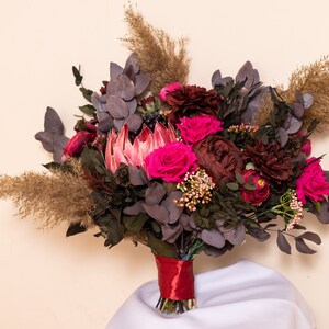Protea bouquet, Dried flower bouquet, Burgundy peonies bouquet, Jewel tones wedding bouquet, Fall wedding flowers, Silk wedding bouquet image 5