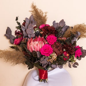 Protea bouquet, Dried flower bouquet, Burgundy peonies bouquet, Jewel tones wedding bouquet, Fall wedding flowers, Silk wedding bouquet image 3
