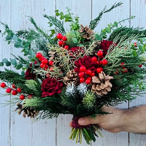 Ramo de Navidad rojo, ramo de boda de rosas de invierno, ramo de Navidad seco, ramo de novia de rosas de invierno, ramo de invierno de Navidad imagen 4