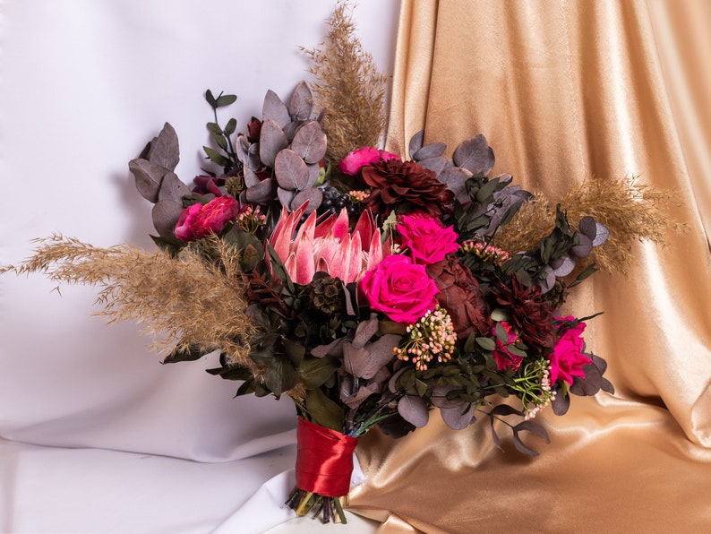 Protea bouquet, Dried flower bouquet, Burgundy peonies bouquet, Jewel tones wedding bouquet, Fall wedding flowers, Silk wedding bouquet image 1