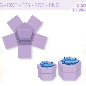 May include: A digital download graphic featuring a lavender hexagonal gift box design with a blue ribbon. The image includes an open box and two closed boxes. Text at the top reads "SVG • DXF • EPS • PDF • PNG" and "DIGITAL DOWNLOAD".